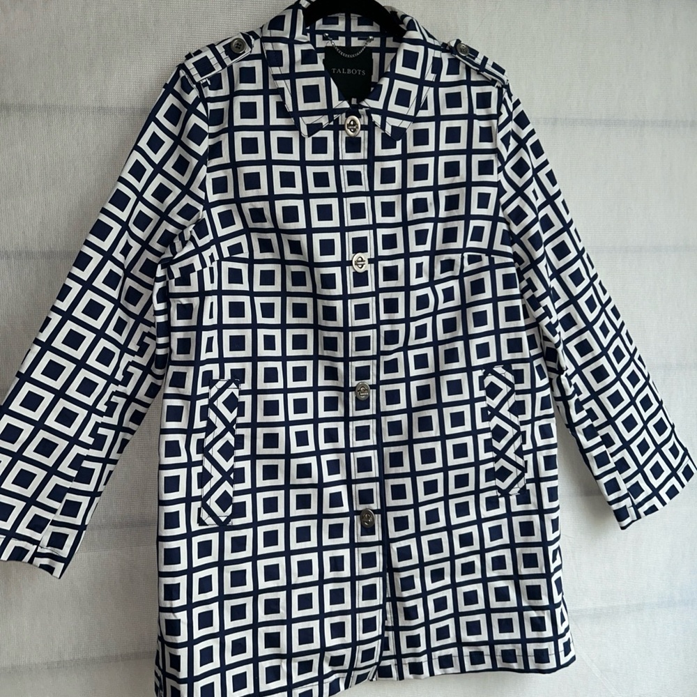Talbots 100% Cotton Navy/White  Window Pane Square Print Rain Trench Coat Sz 16